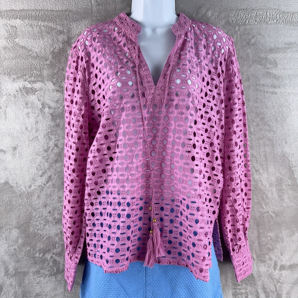 Calypso St Barth Eyelet Long Sleeve‎ Top Blouse Womens Size XS Pink Crochet Boho